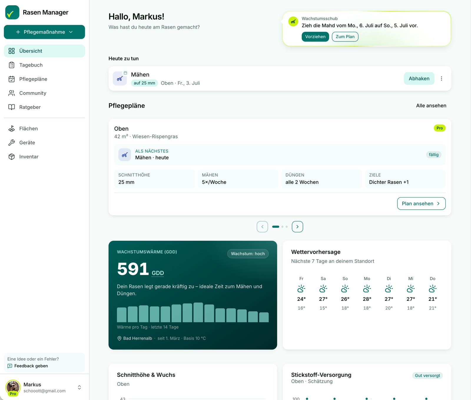 Rasen Manager Dashboard im Desktop-Browser