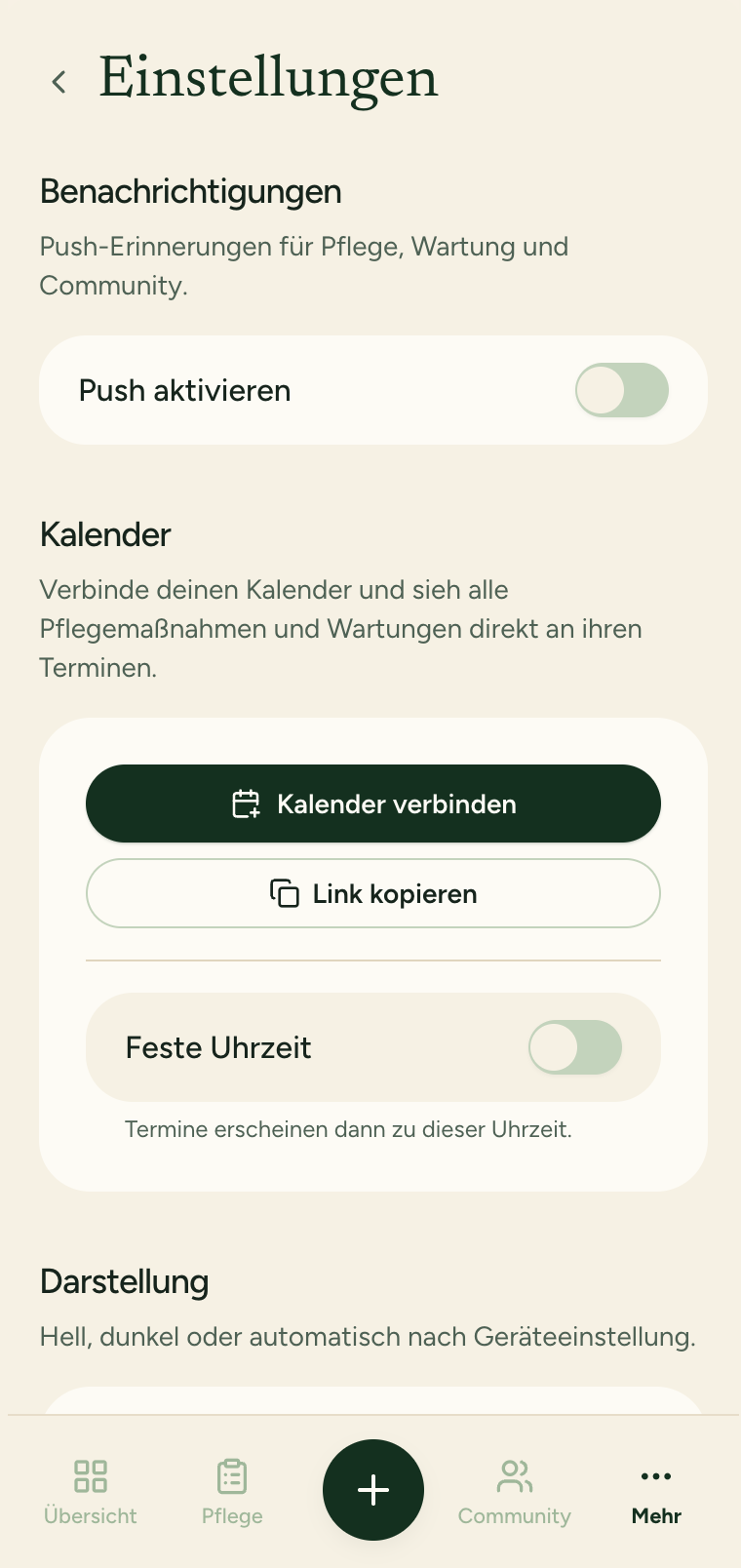 App-Screen: Push-Erinnerungen und Kalender-Sync in den Einstellungen