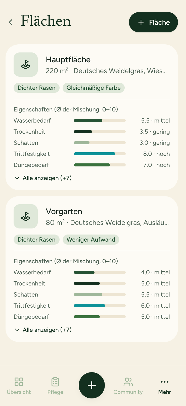 App-Screen: Flächen mit Gras-Eigenschaften