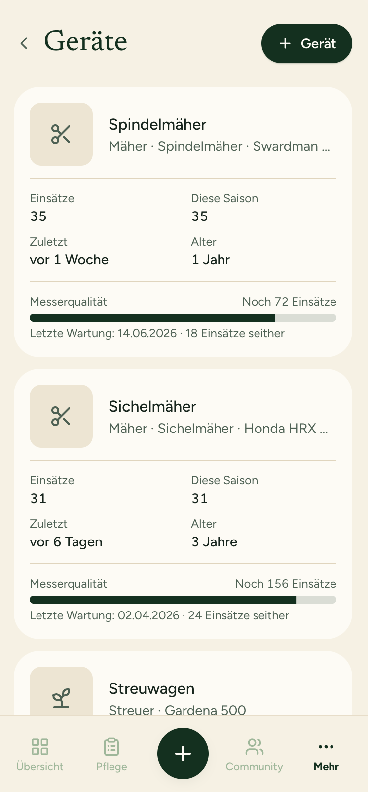 App-Screen: Geräte mit Messerqualität und Wartungsstand