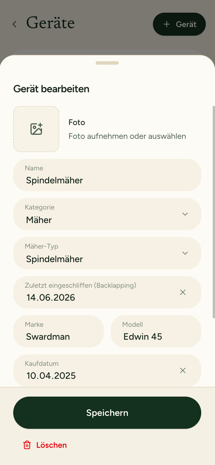 App-Screen: Gerät bearbeiten mit Wartungsdaten