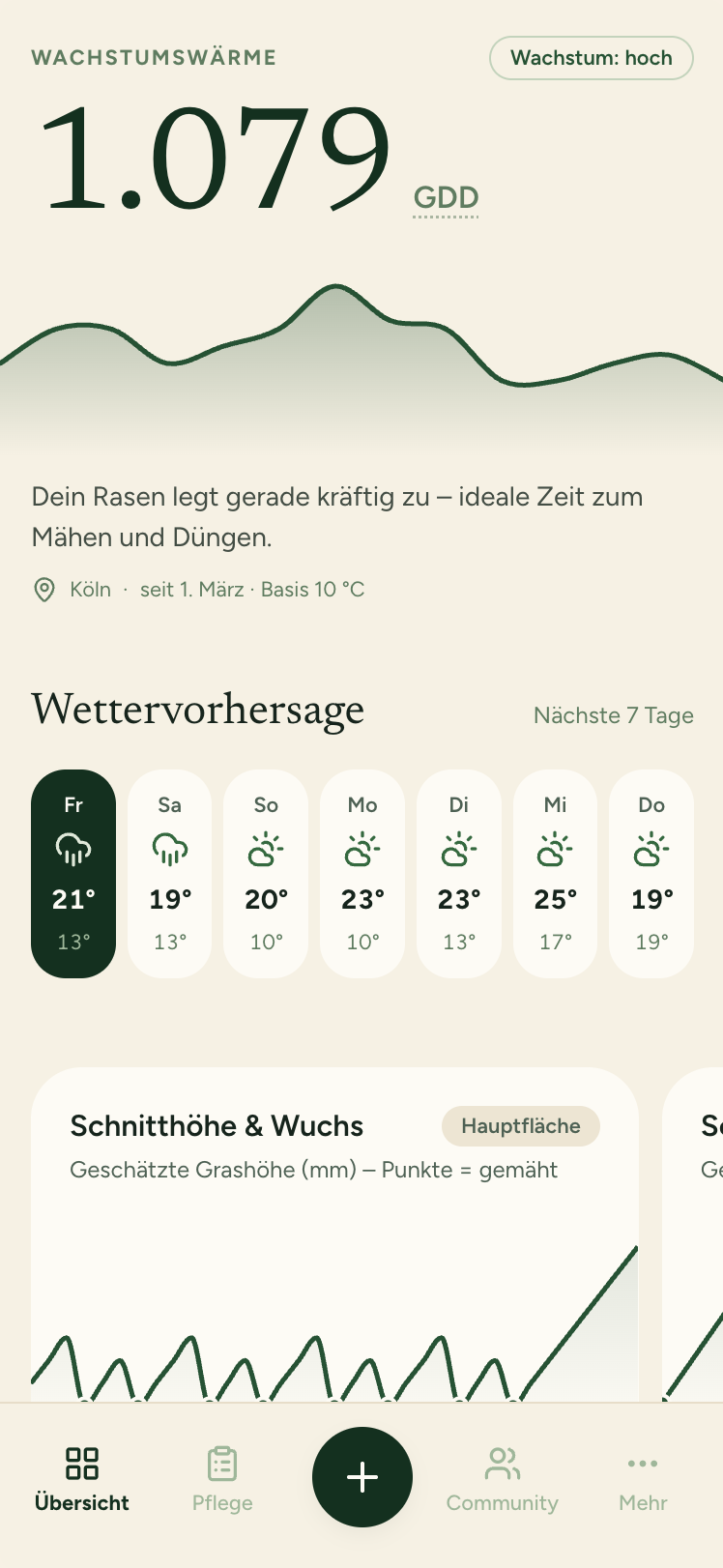 App-Screen: Wachstumswärme und Wettervorhersage